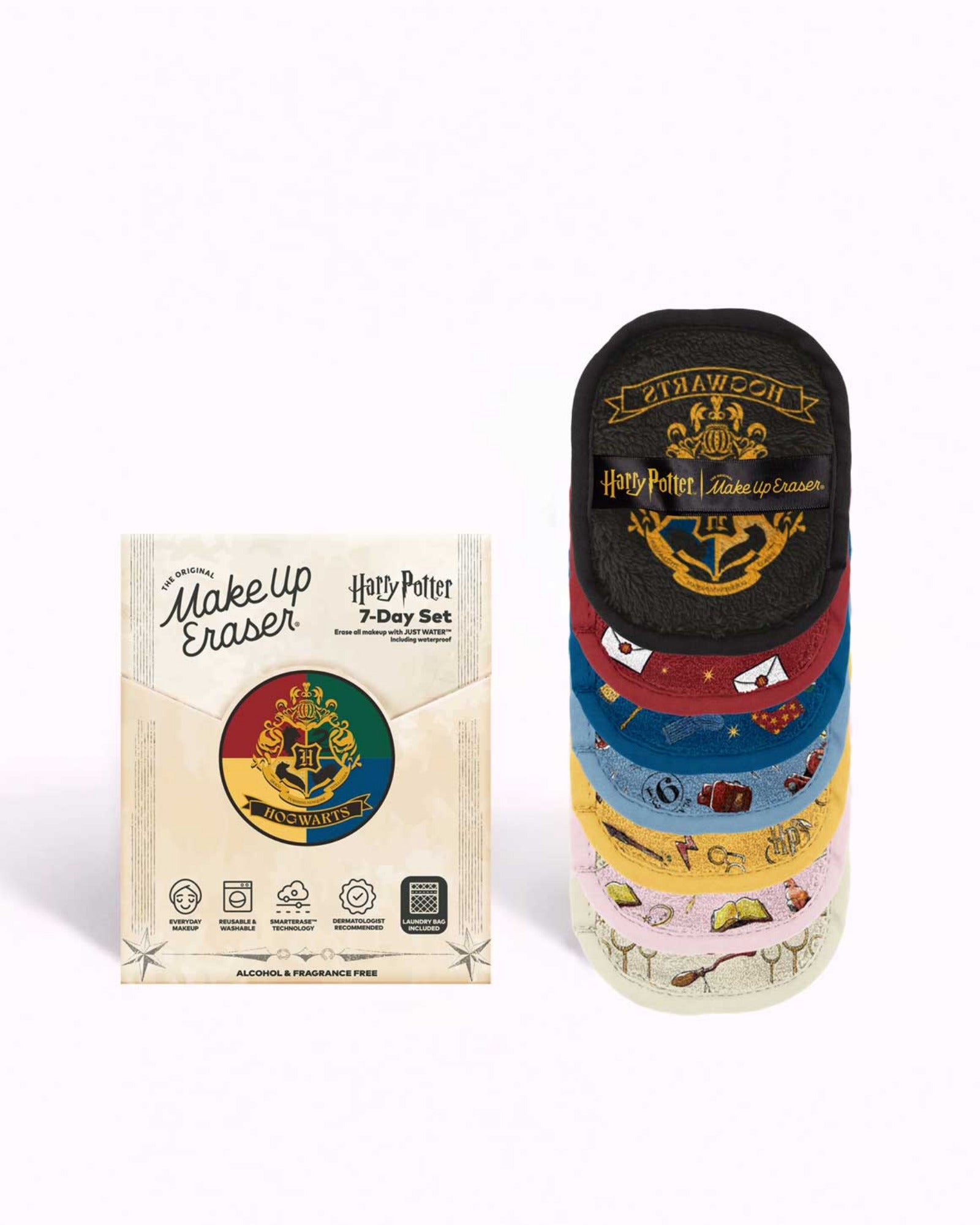 Makeup eraser set with packaging featuring Harry Potter branding on a white background