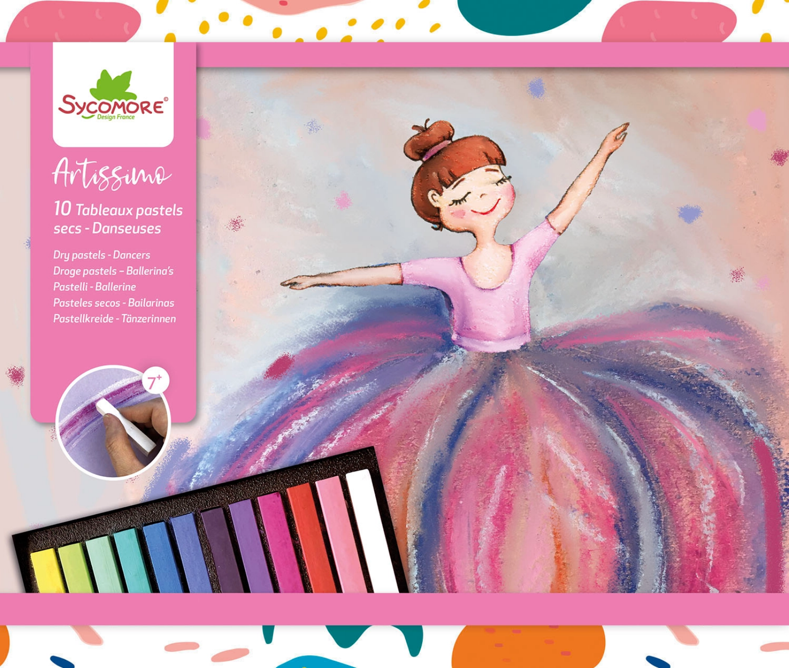 Sycopore Artissimo 10 pastels for dancers, featuring a 12-color pastel set with a black case and a preview of the colorful pastel sticks. The packaging displays a whimsical illustration of a ballerina in a pink and purple tutu on a pastel background.