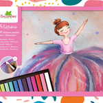 Sycopore Artissimo 10 pastels for dancers, featuring a 12-color pastel set with a black case and a preview of the colorful pastel sticks. The packaging displays a whimsical illustration of a ballerina in a pink and purple tutu on a pastel background.