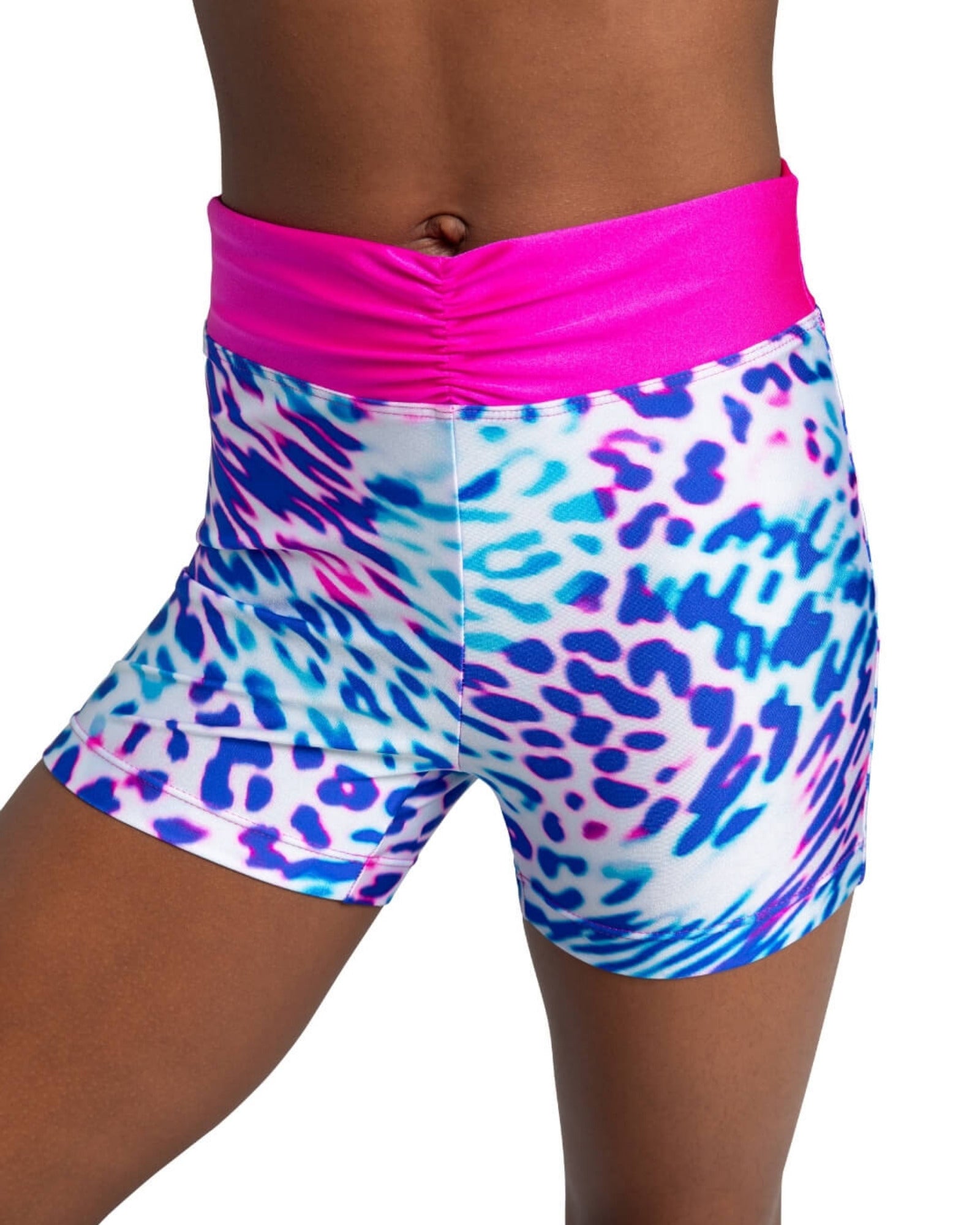 Multicolored animal print shorts with pink waistband on a white background