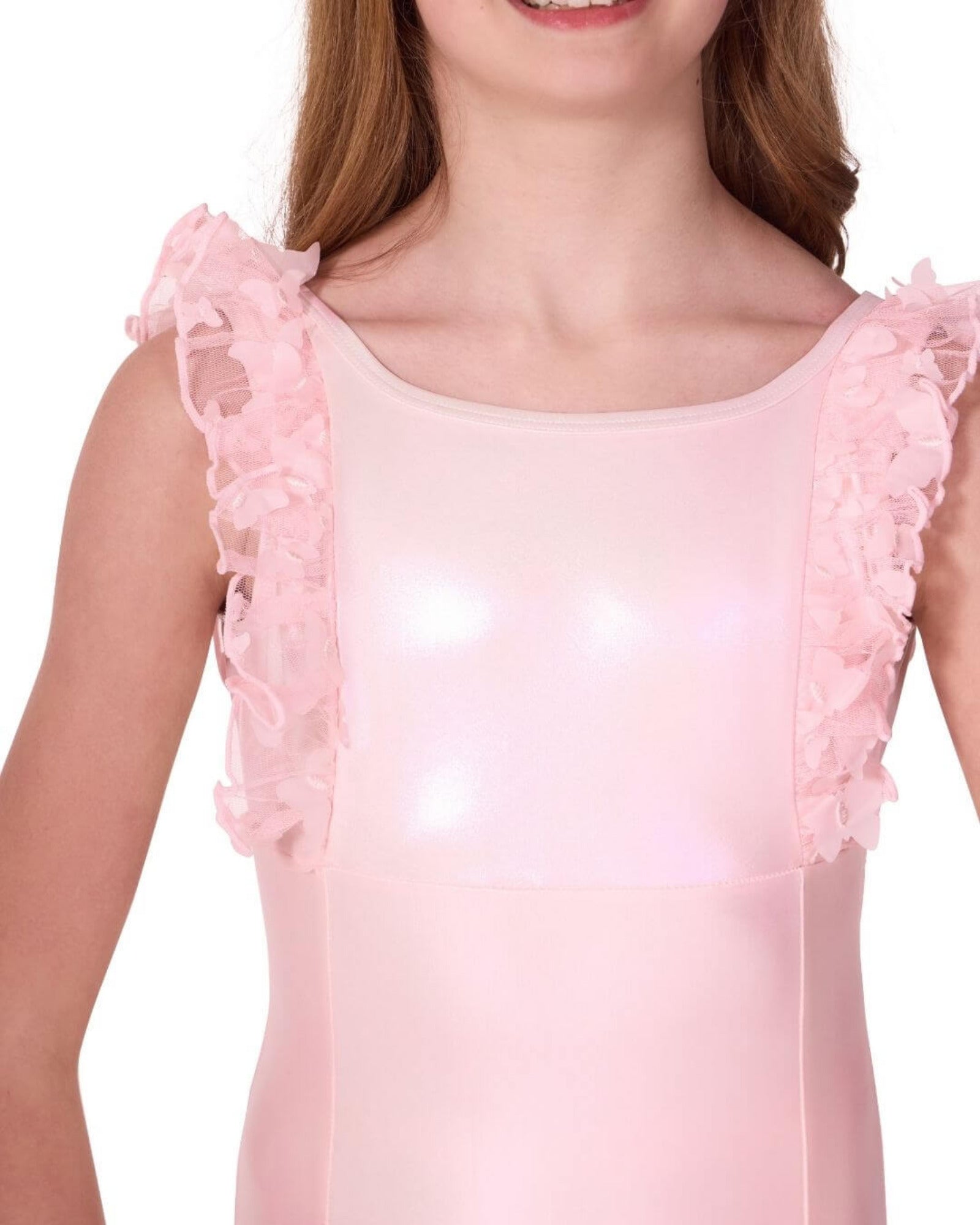 Pink dress with ruffled sleeves on a white background