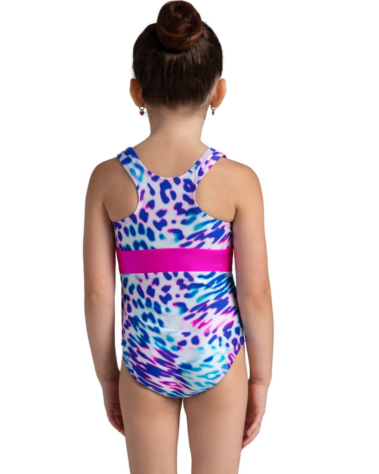 Girl wearing a colorful leotard with a leopard print pattern on a white background