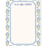A vertical cream notepad with a blue floral border and the words 'to do after DANCE' at the top, plus 'pippi post' printed at the bottom.