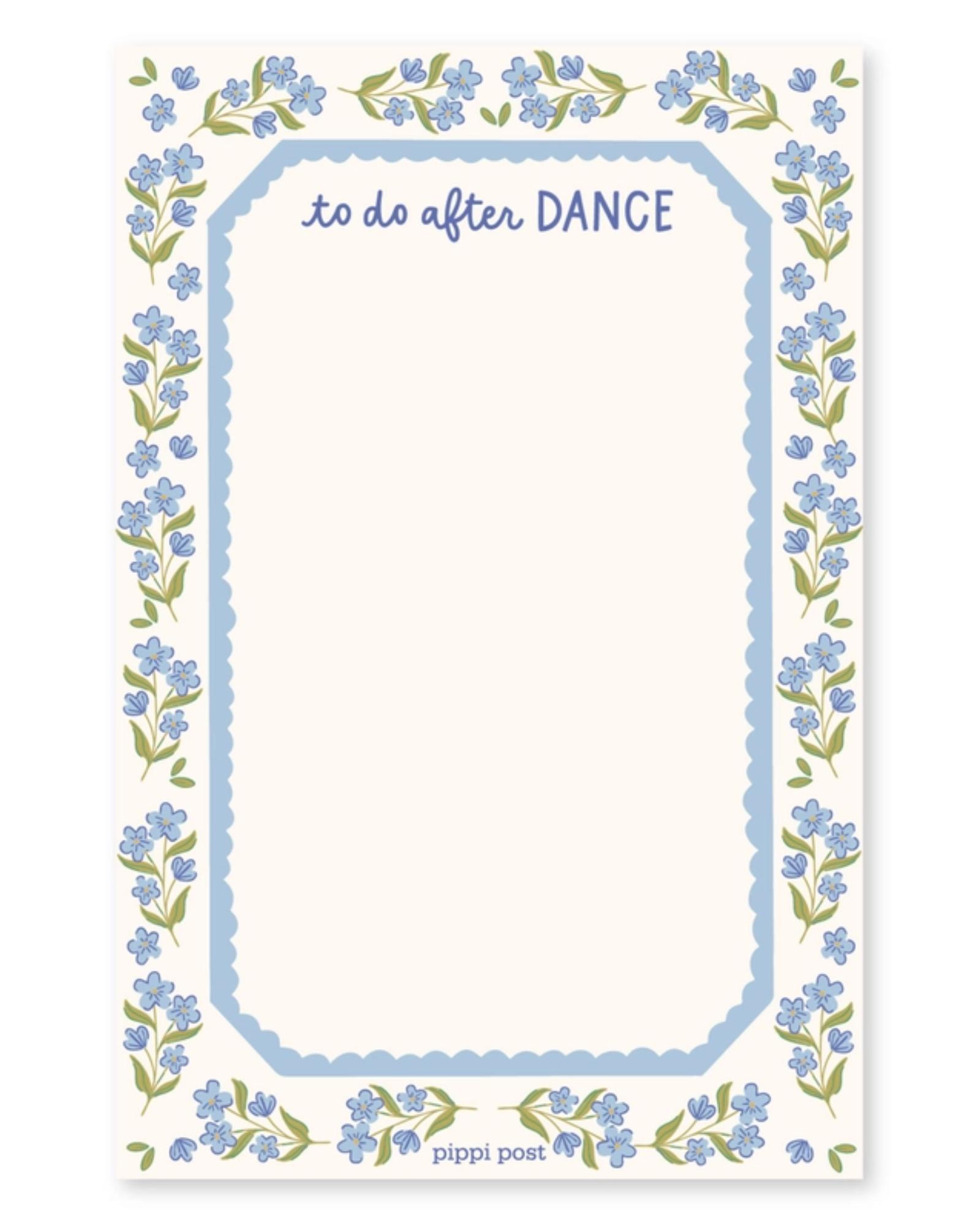A vertical cream notepad with a blue floral border and the words 'to do after DANCE' at the top, plus 'pippi post' printed at the bottom.