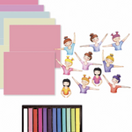 A set of pastel chalk sticks in a black rectangular case, shown with several square color cards in pink, lavender, blue, and yellow, plus cartoon ballerina figures on a white background.