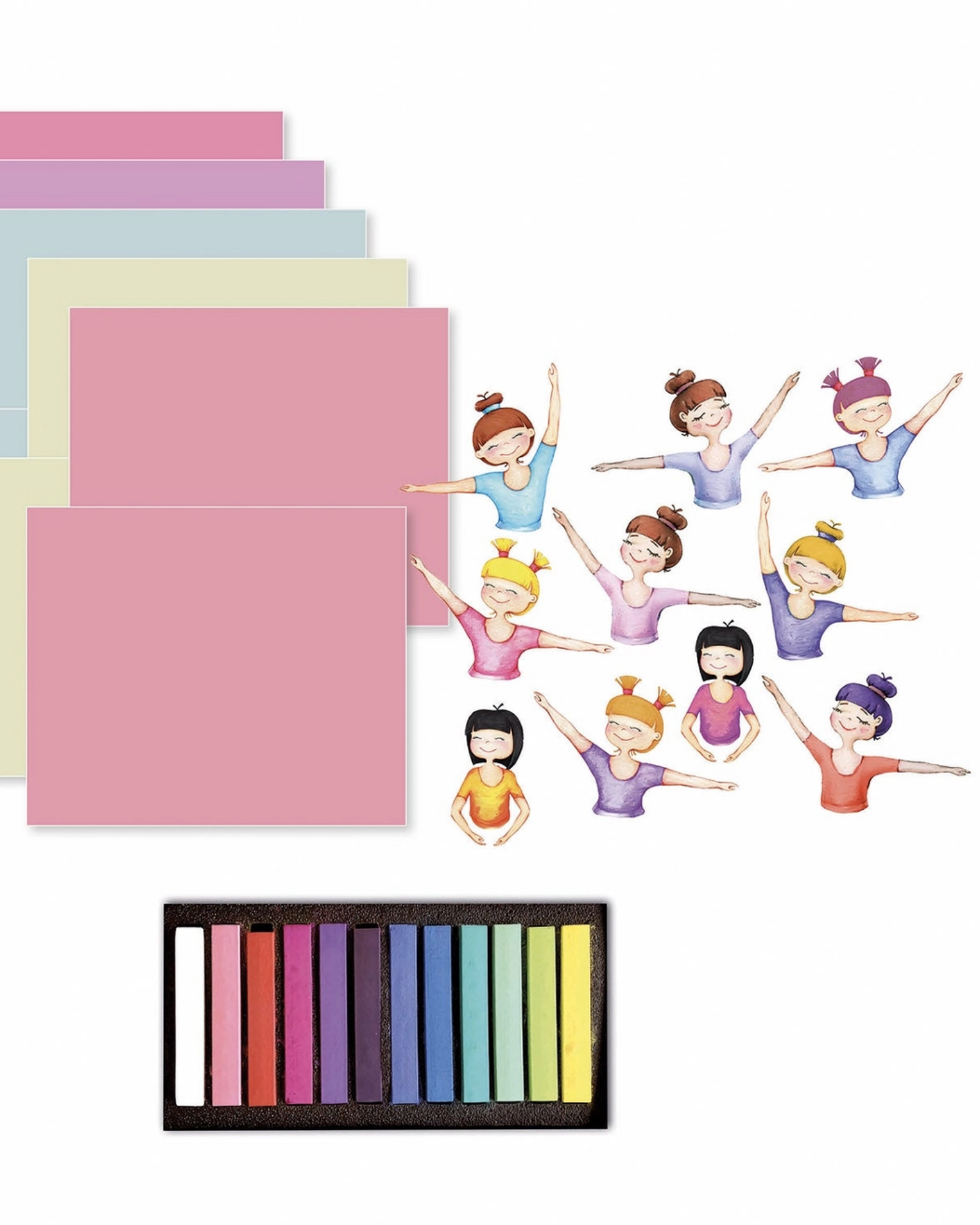 A set of pastel chalk sticks in a black rectangular case, shown with several square color cards in pink, lavender, blue, and yellow, plus cartoon ballerina figures on a white background.