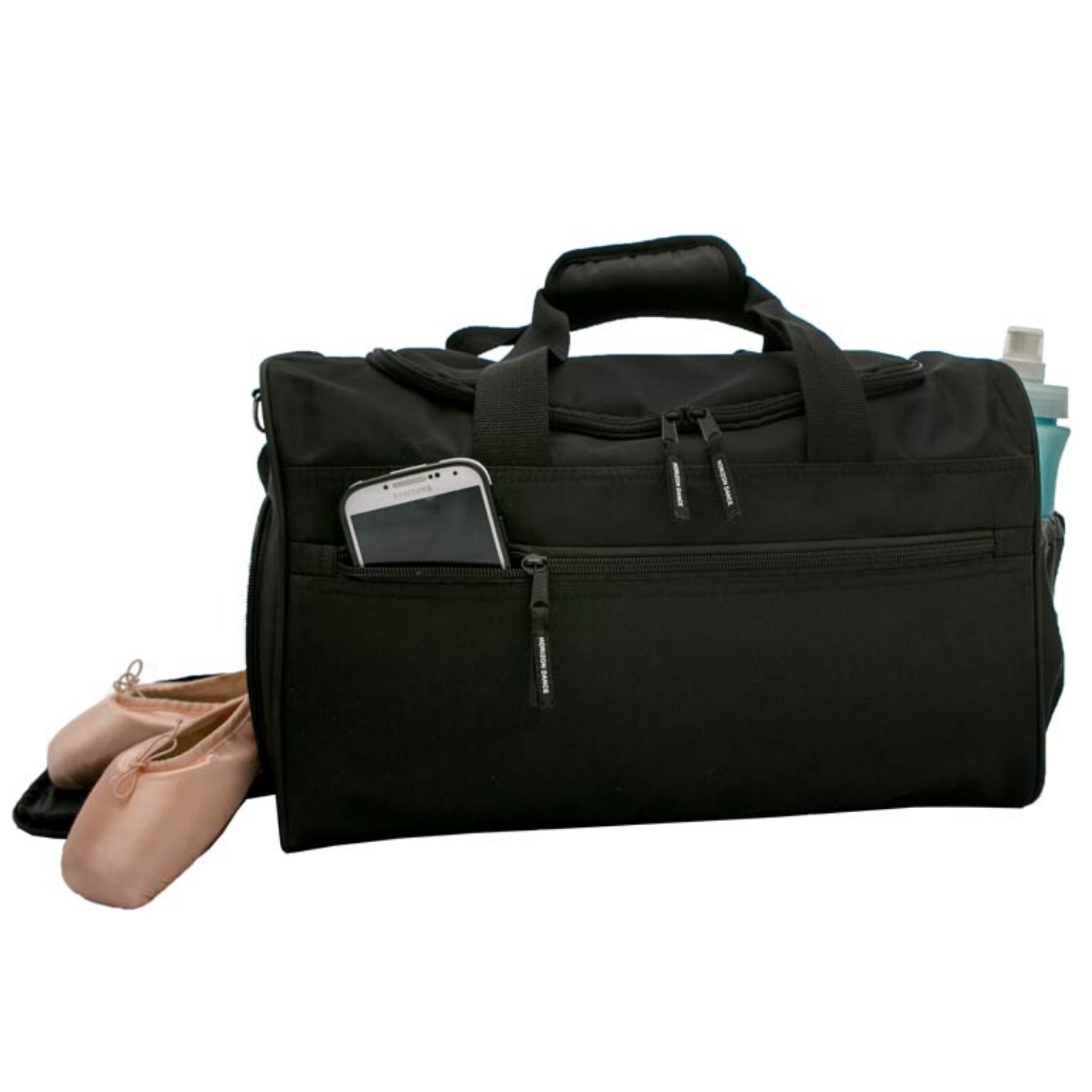 Black duffel bag with a phone and shoes on a white background