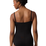 Black leotard worn by a model on a white background