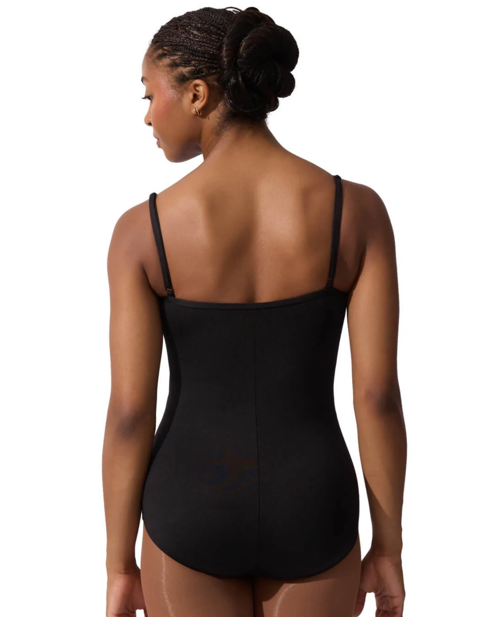 Black leotard worn by a model on a white background