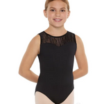 A young girl modeling a black sleeveless dance leotard with a sheer black lace yoke, paired with light pink tights, against a solid white background.