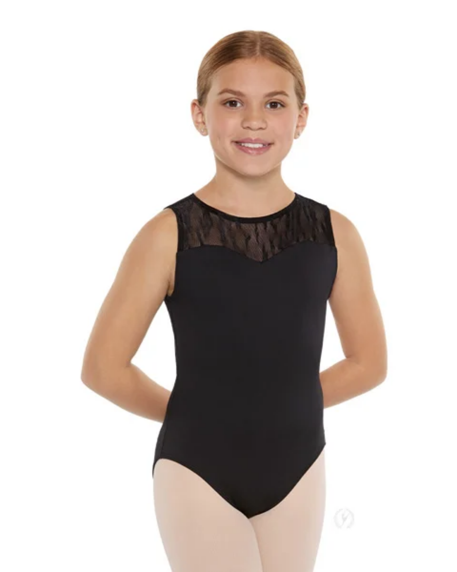 A young girl modeling a black sleeveless dance leotard with a sheer black lace yoke, paired with light pink tights, against a solid white background.