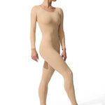 Woman wearing a beige bodysuit on a white background
