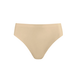 A pair of seamless, high-waisted bikini briefs in a light beige color, shown flat against a solid white background.