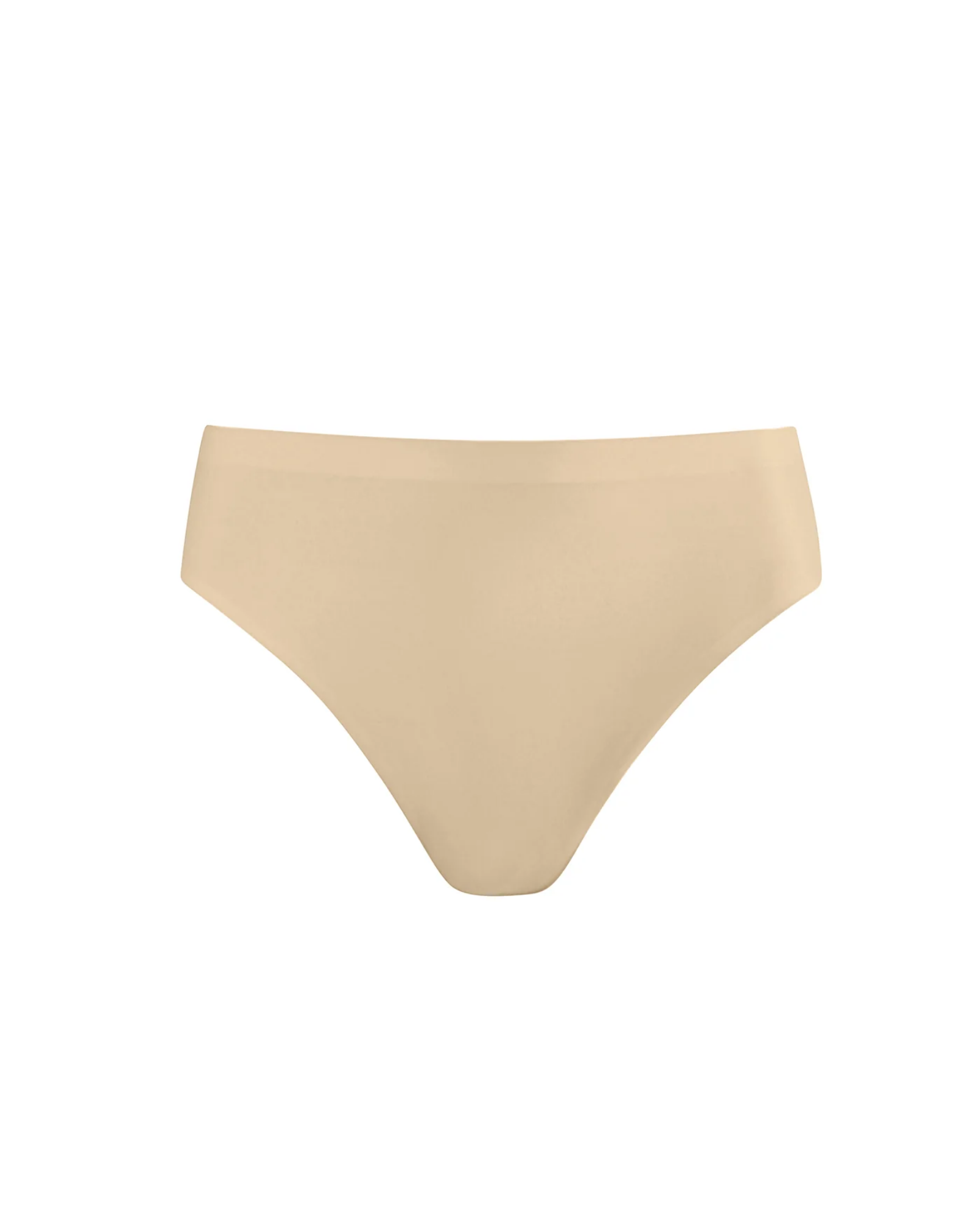 A pair of seamless, high-waisted bikini briefs in a light beige color, shown flat against a solid white background.