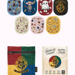 Collection of Harry Potter-themed products including pouches and a makeup eraser set on a white background.