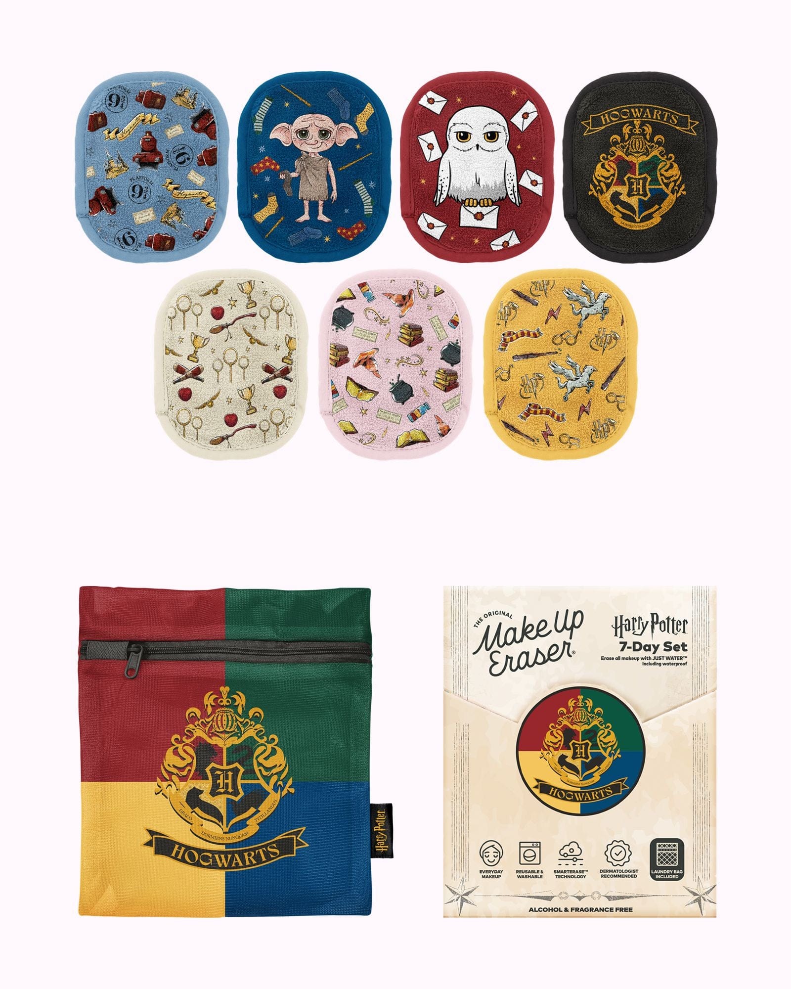 Collection of Harry Potter-themed products including pouches and a makeup eraser set on a white background.