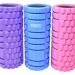 Three foam rollers in purple, blue, and pink with 'Superior Stretch' branding.