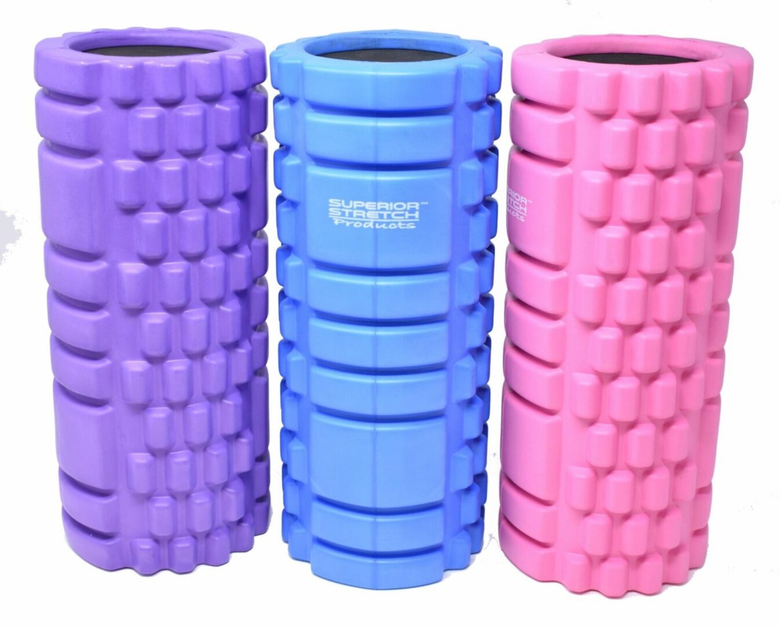 Three foam rollers in purple, blue, and pink with 'Superior Stretch' branding.