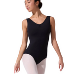 Person wearing a black tank leotard and white tights on a white background