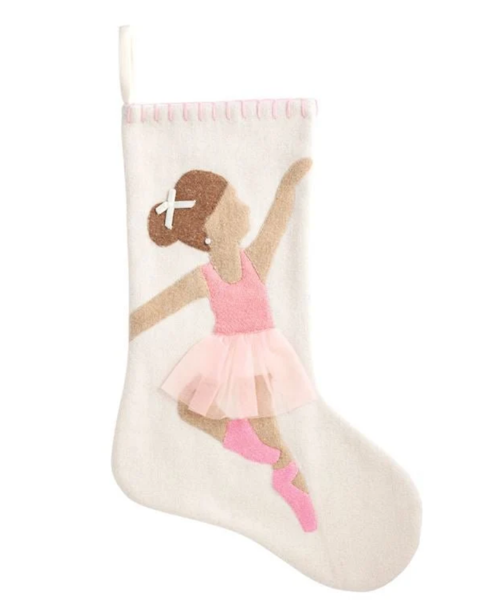 An off-white Christmas stocking featuring an applique design of a ballerina in a pink tutu and pink pointe shoes, with a pink and white striped trim at the top.