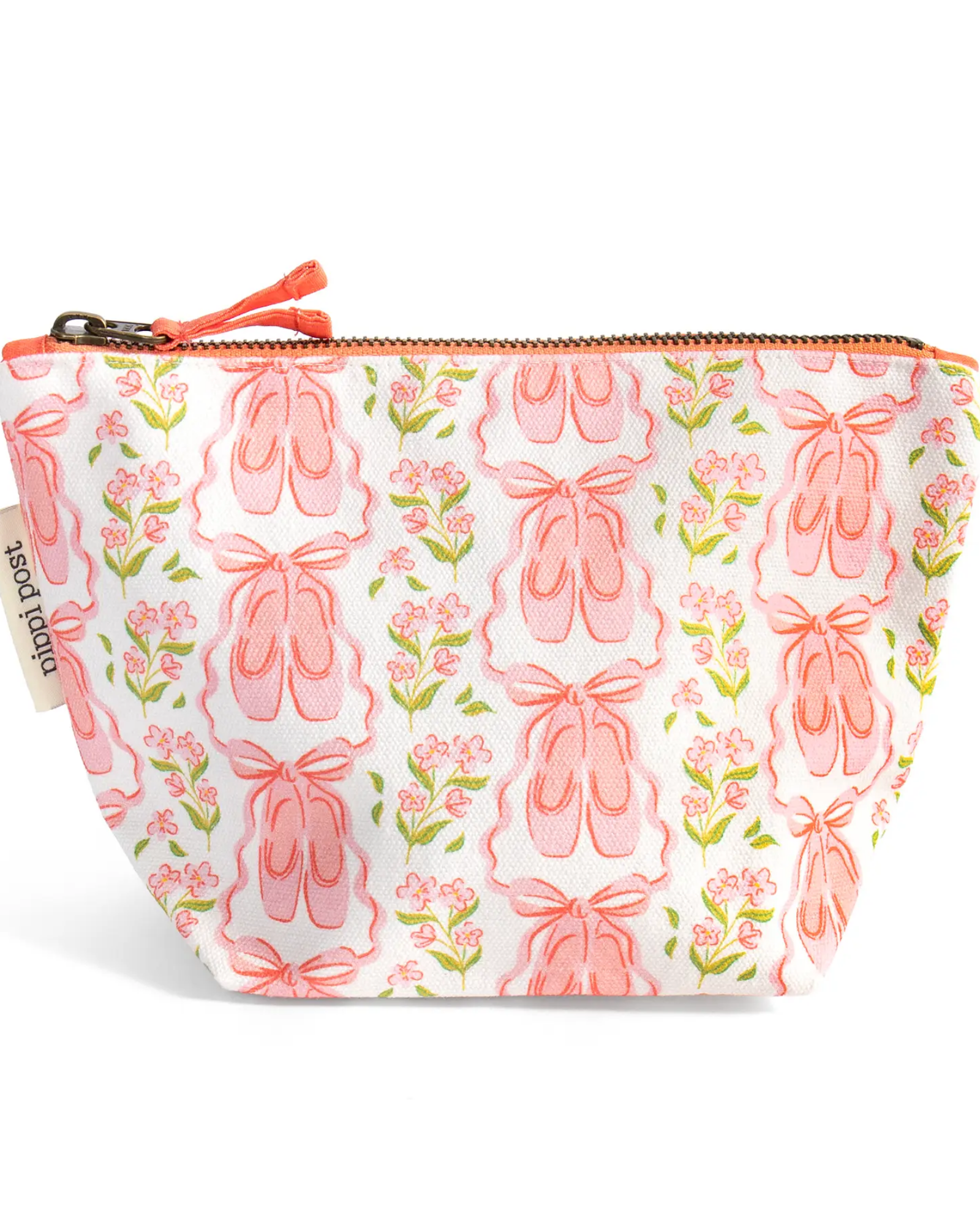 A small zippered pouch with a white background and a repeating pattern of pink ballet shoes, pink flowers, and green leaves. The pouch has a peach zipper and a small fabric tag on the left side that reads 'PINK PAPER'.