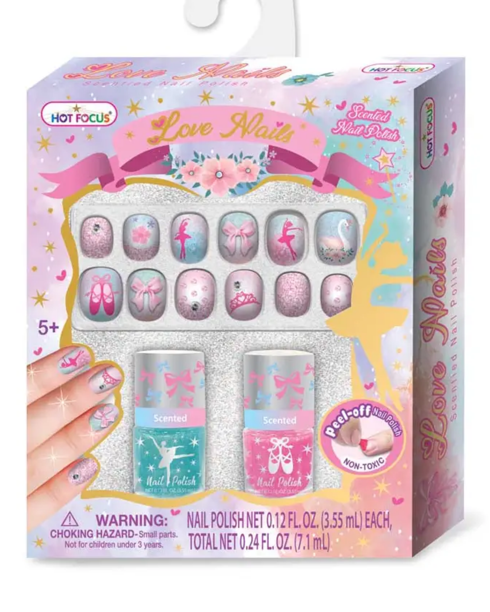 Hot Focus Love Nails kids' nail polish set in its retail packaging, featuring decorative nail art stickers, two bottles of scented nail polish, and a hand graphic showing styled manicure results.
