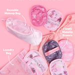 Set of reusable makeup bag, daily makeup erasers, and laundry bag on a pink background with text indicating what's included.