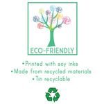 Eco-friendly product label graphic with a green border and a central tree logo made of multicolored scribbled leaves. Text reads 'ECO-FRIENDLY' with bullet points about soy ink printing, recycled materials, and recyclable tin, plus a green recycling symbol.