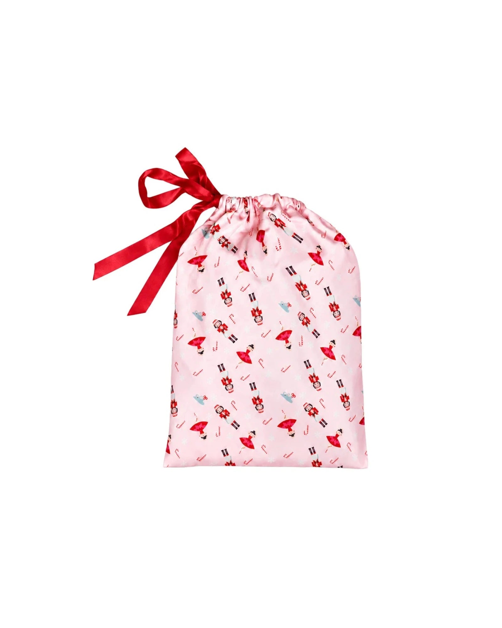 A light pink drawstring gift bag with a red ribbon bow, featuring a repeating pattern of red and black lipstick tubes and small red lipstick marks.