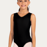 Young girl wearing a black sleeveless leotard on a white background