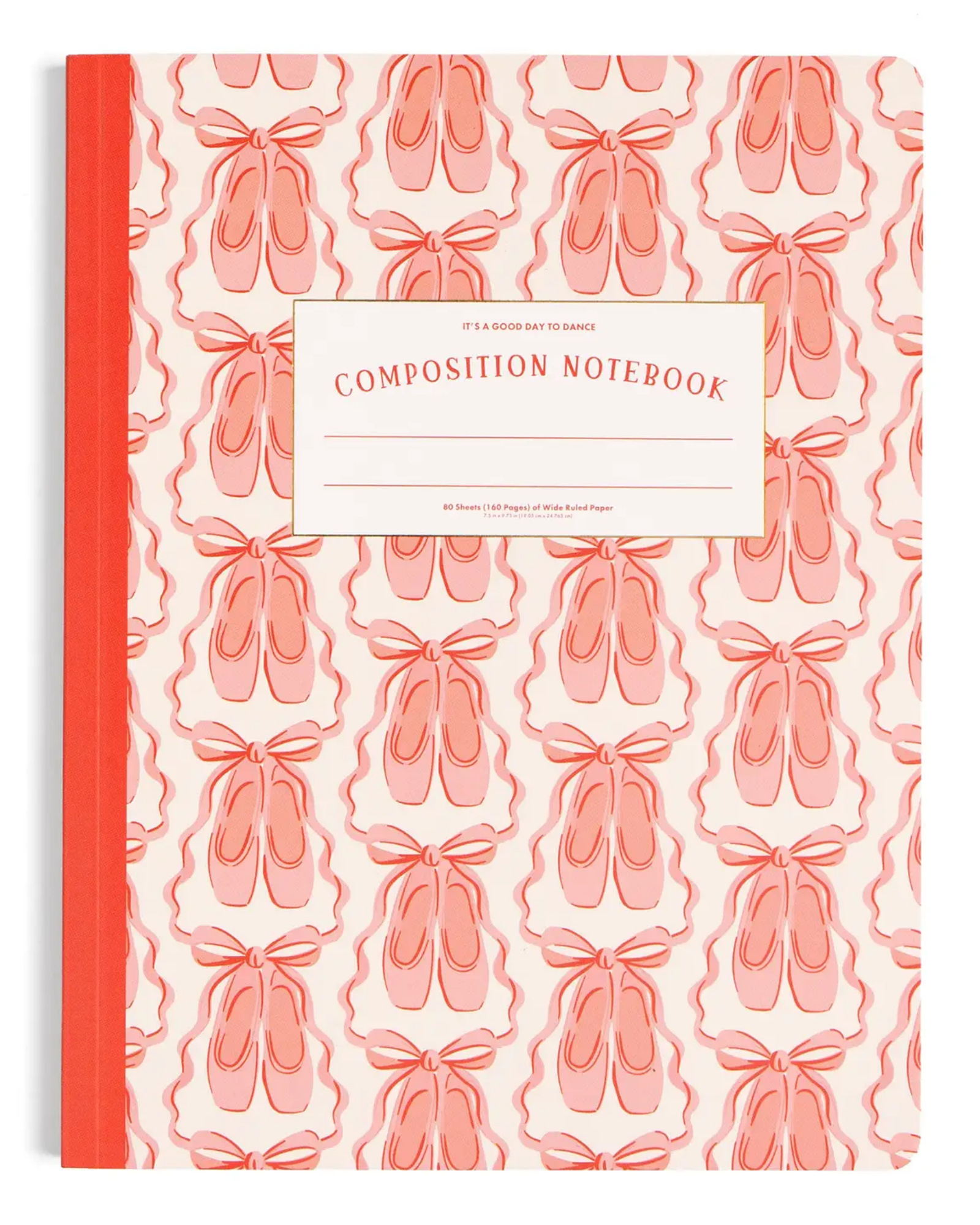 A composition notebook with a coral pink and white ballet shoe pattern cover, a solid coral pink spine, and a white label on the front reading 'COMPOSITION NOTEBOOK'.