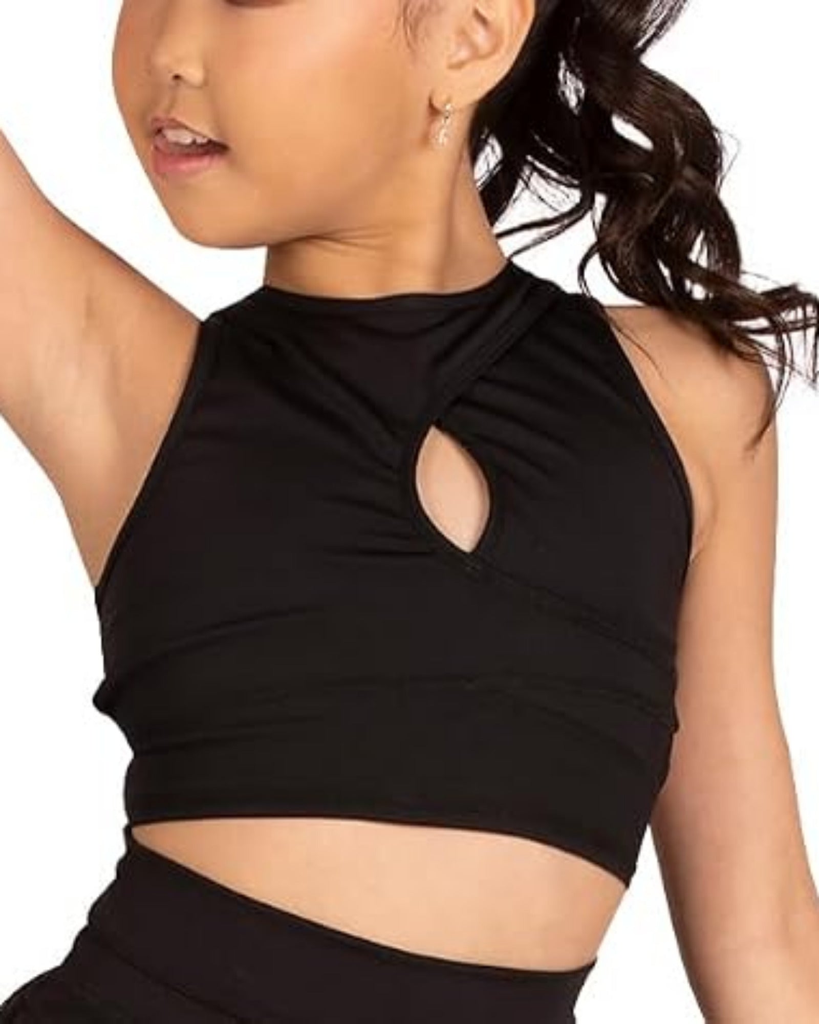 A child model wearing a black sleeveless high-neck crop top with a keyhole cutout at the chest, paired with matching black bottoms, against a plain white background.