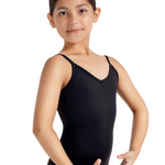 Young girl wearing a black tank leotard on a white background