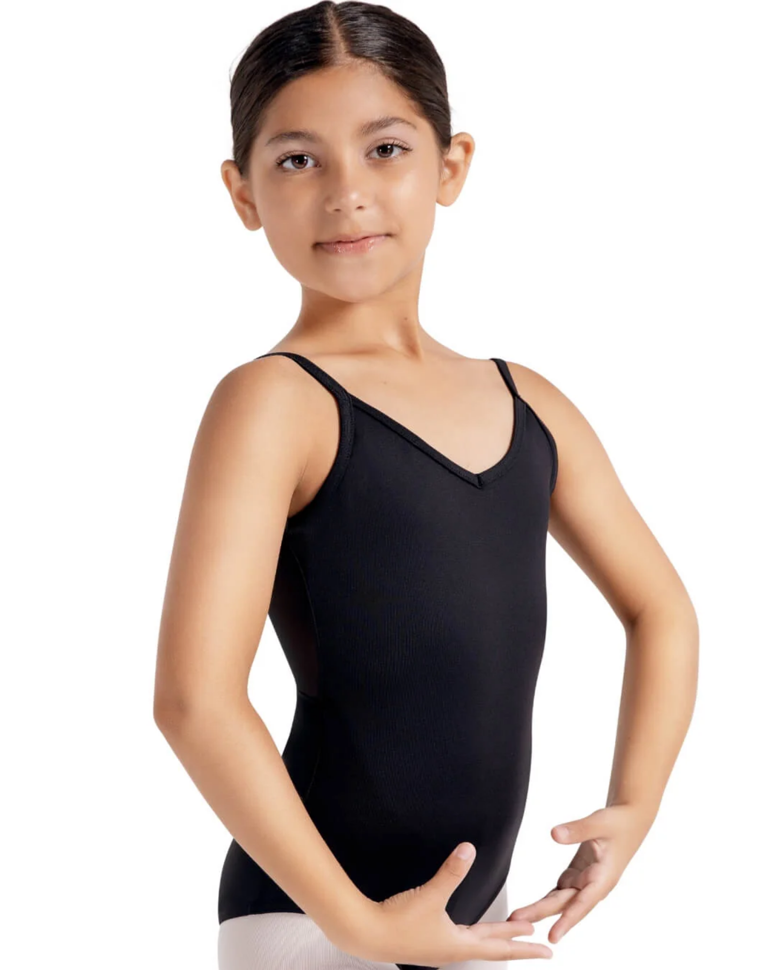 Young girl wearing a black tank leotard on a white background