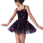 Dance dress with black and strawberry design on a white background