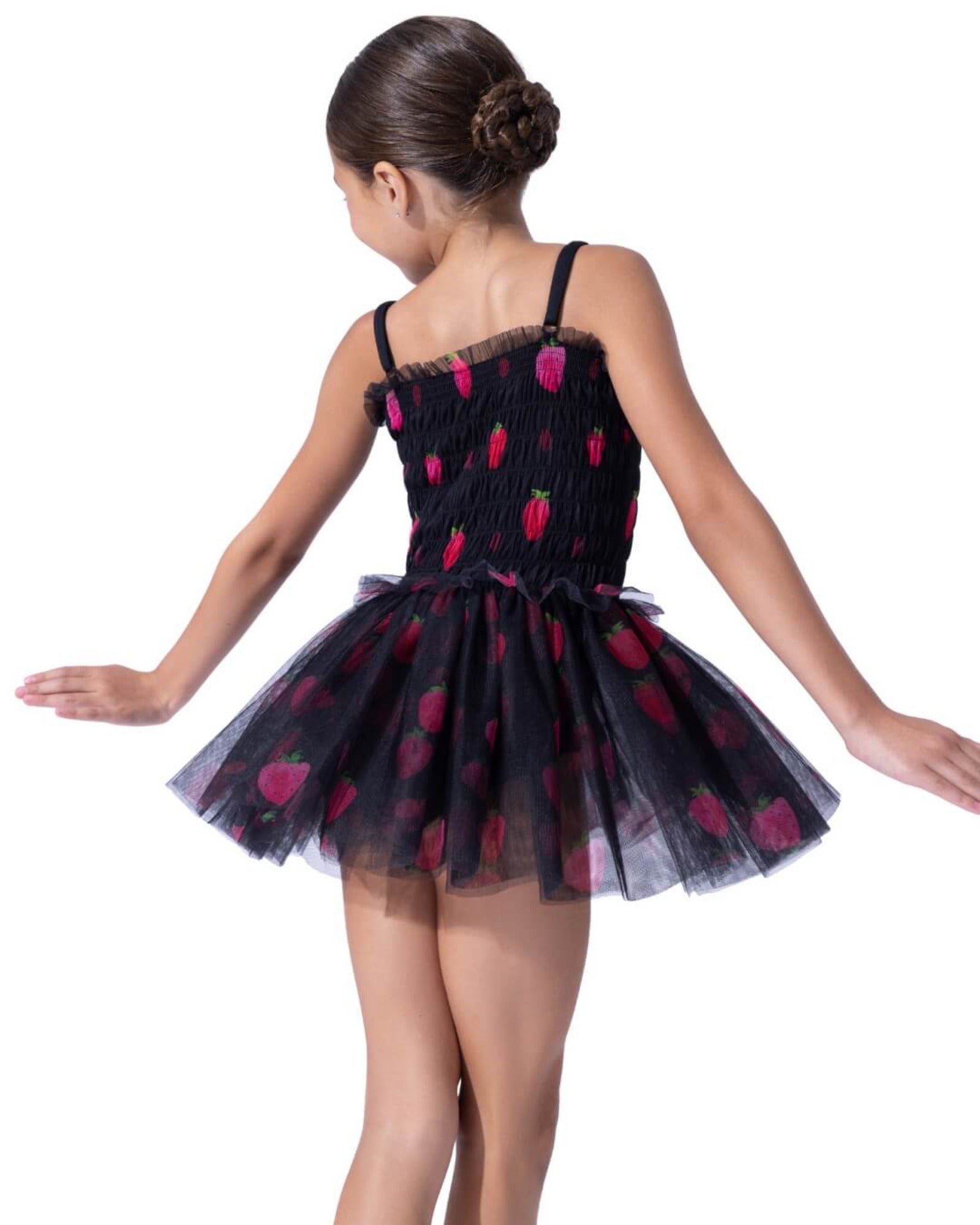 Dance dress with black and strawberry design on a white background