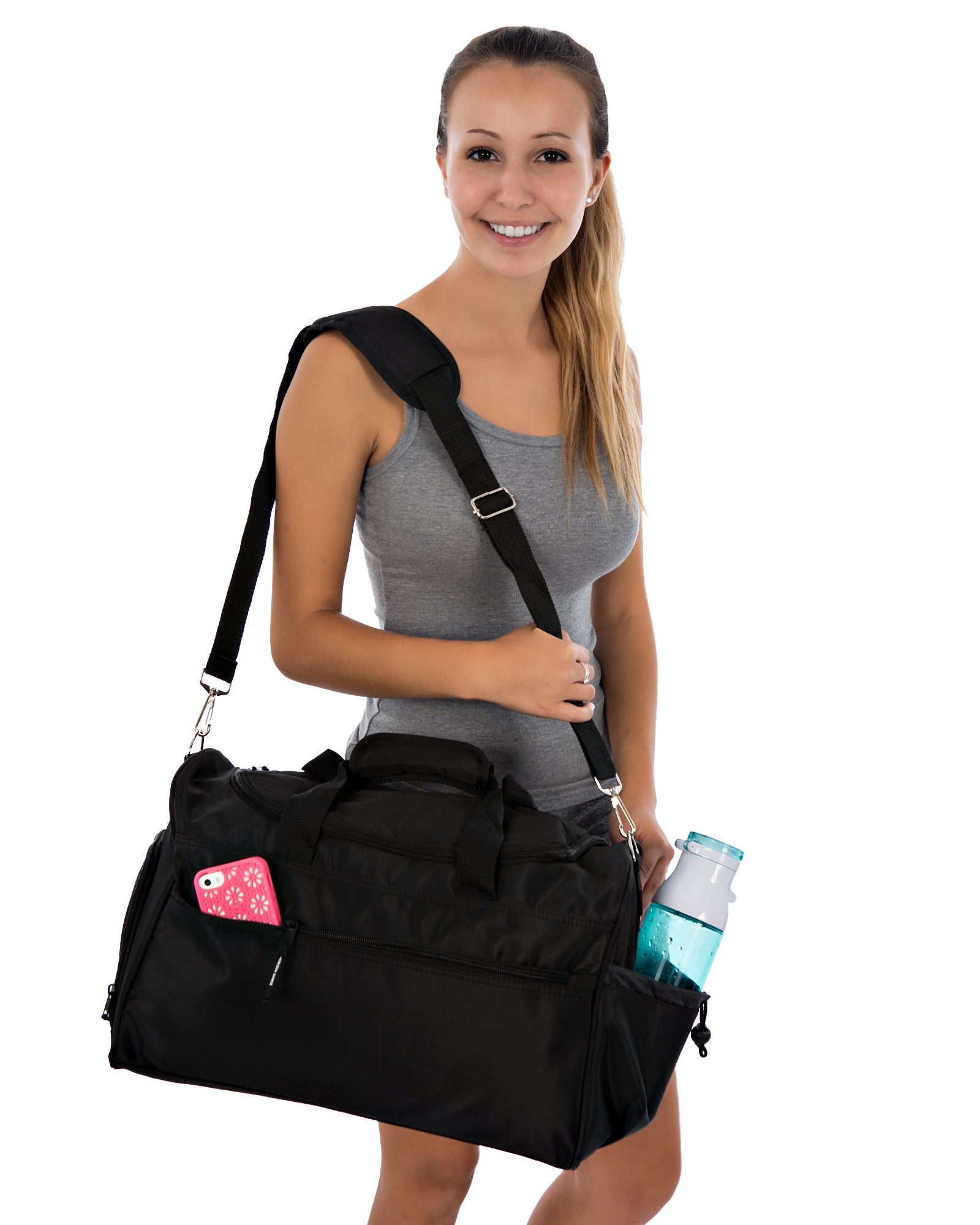 Woman holding a black duffel bag with a water bottle on a white background