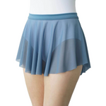 A light blue flared dance skirt with a sheer mesh overlay, shown on a model against a white background.