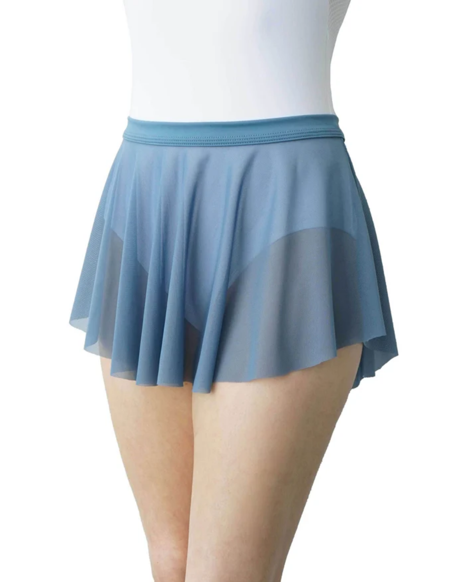A light blue flared dance skirt with a sheer mesh overlay, shown on a model against a white background.