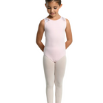 Young girl in a pink leotard and white tights on a white background