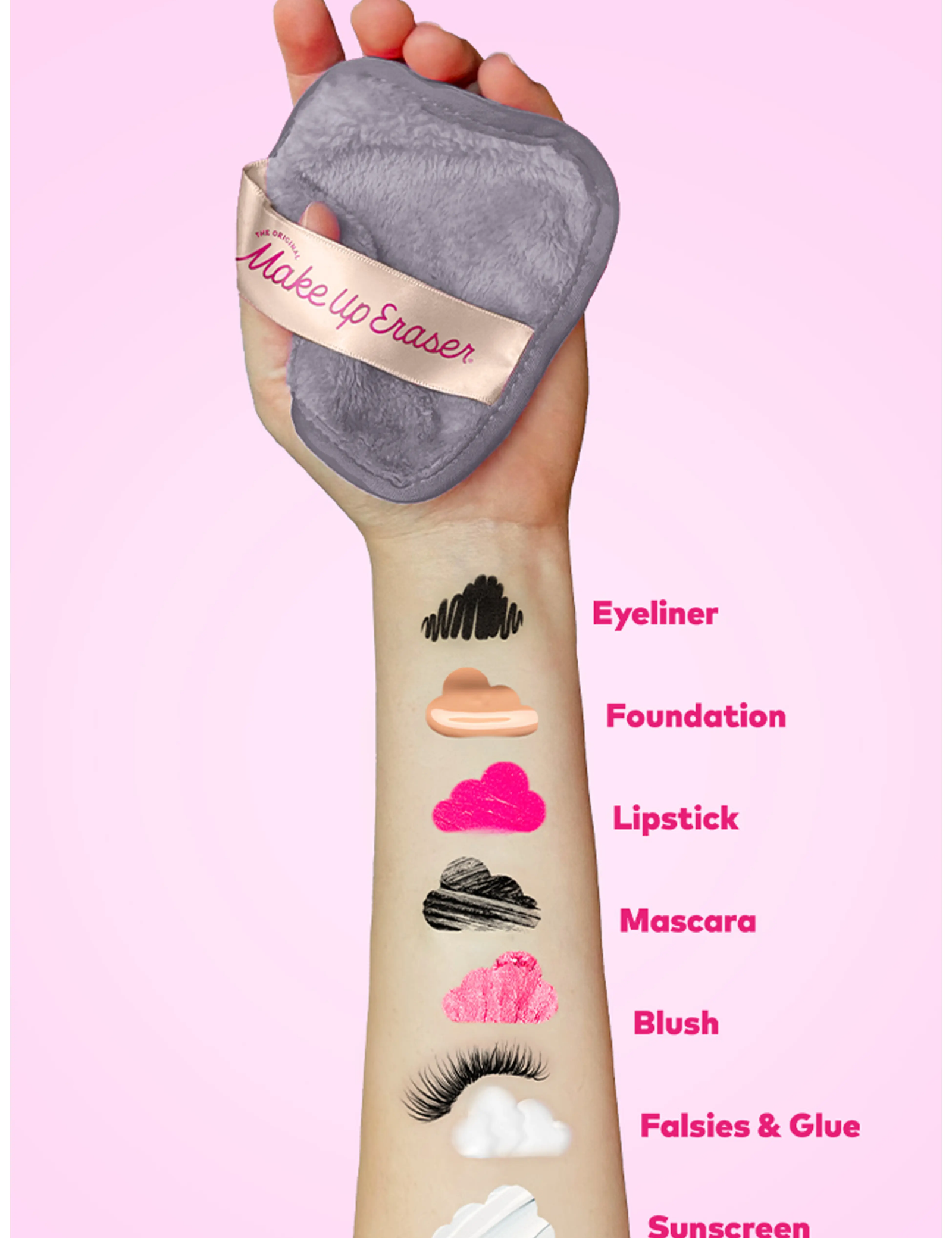 Makeup Eraser being used on a hand with makeup samples labeled on a pink background