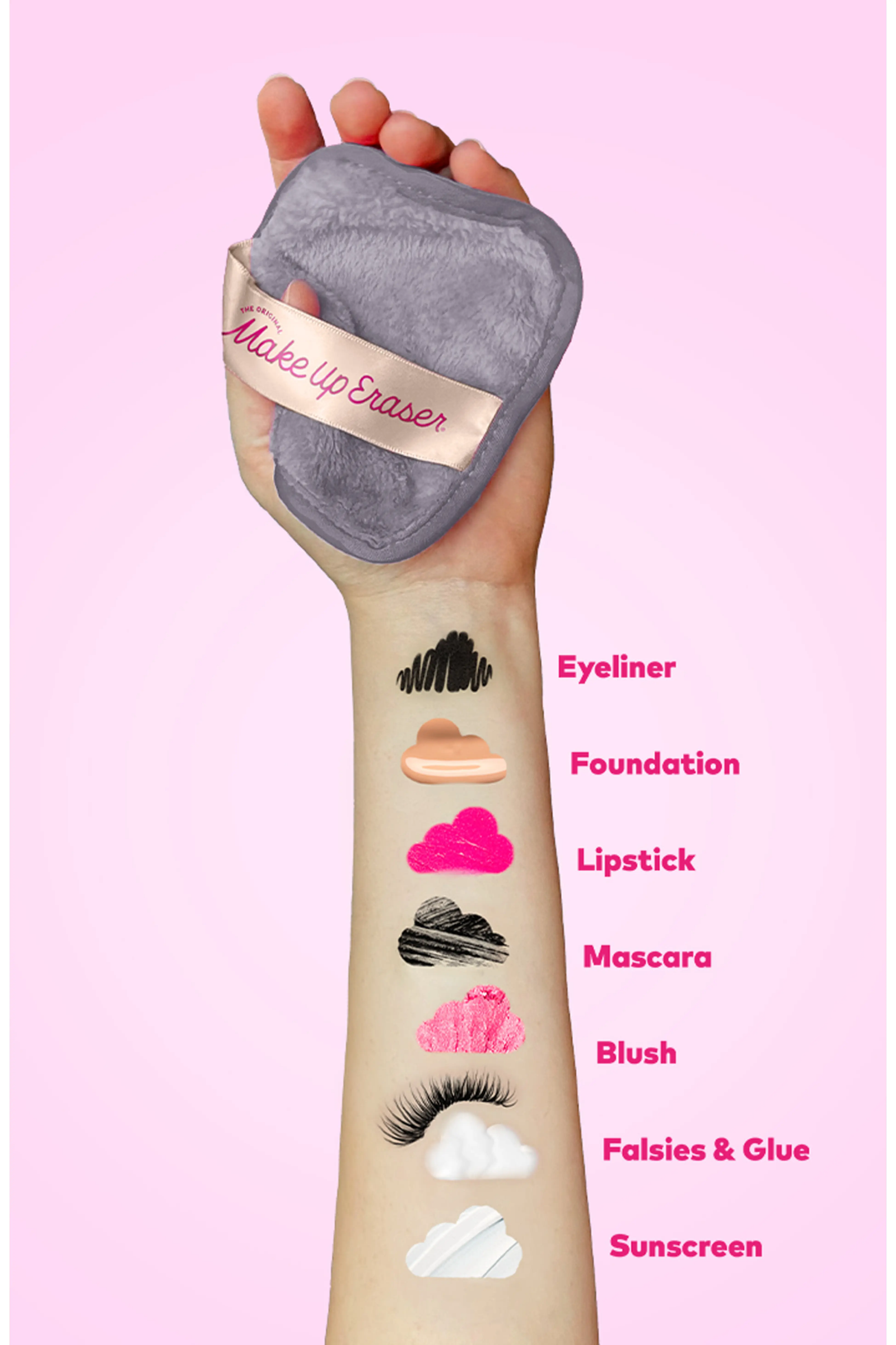 Makeup Eraser being used on a hand with makeup samples labeled on a pink background
