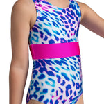 Colorful leotard with blue and pink leopard print on a white background