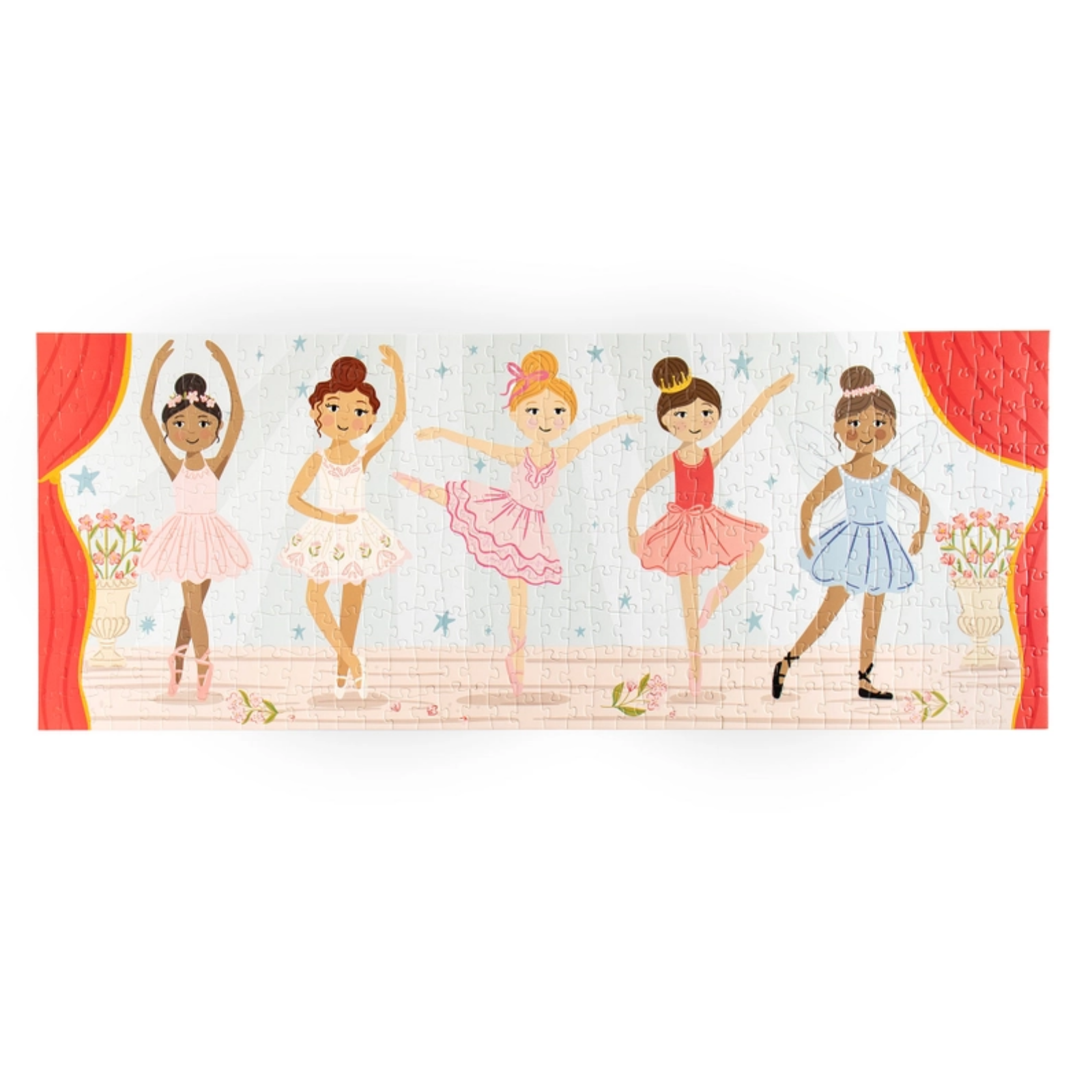 Illustration of five ballerinas in colorful dresses on a stage with red curtains.