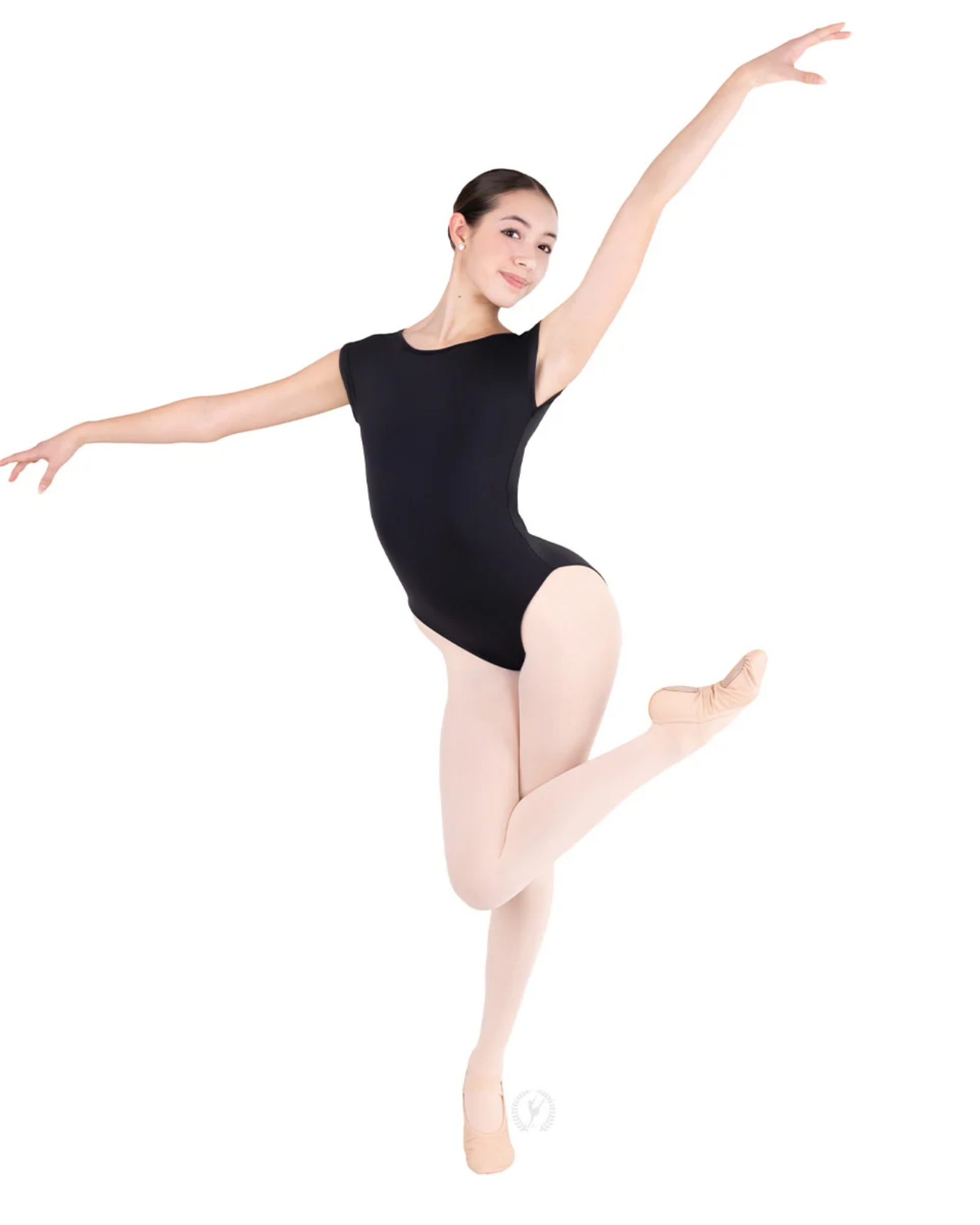 Ballerina in a black leotard and pink tights posing on a white background