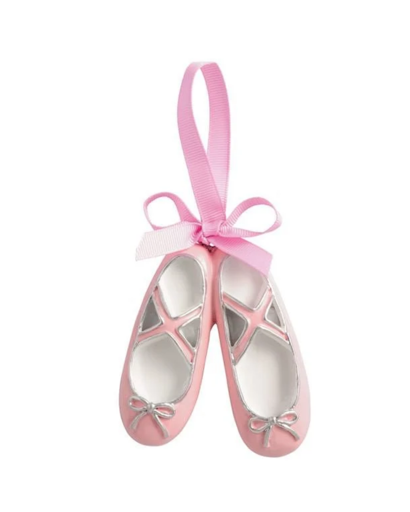 A pink ballet flat ornament with a pink ribbon hanger, featuring silver glitter accents on the straps and toe bows, set against a plain white background.