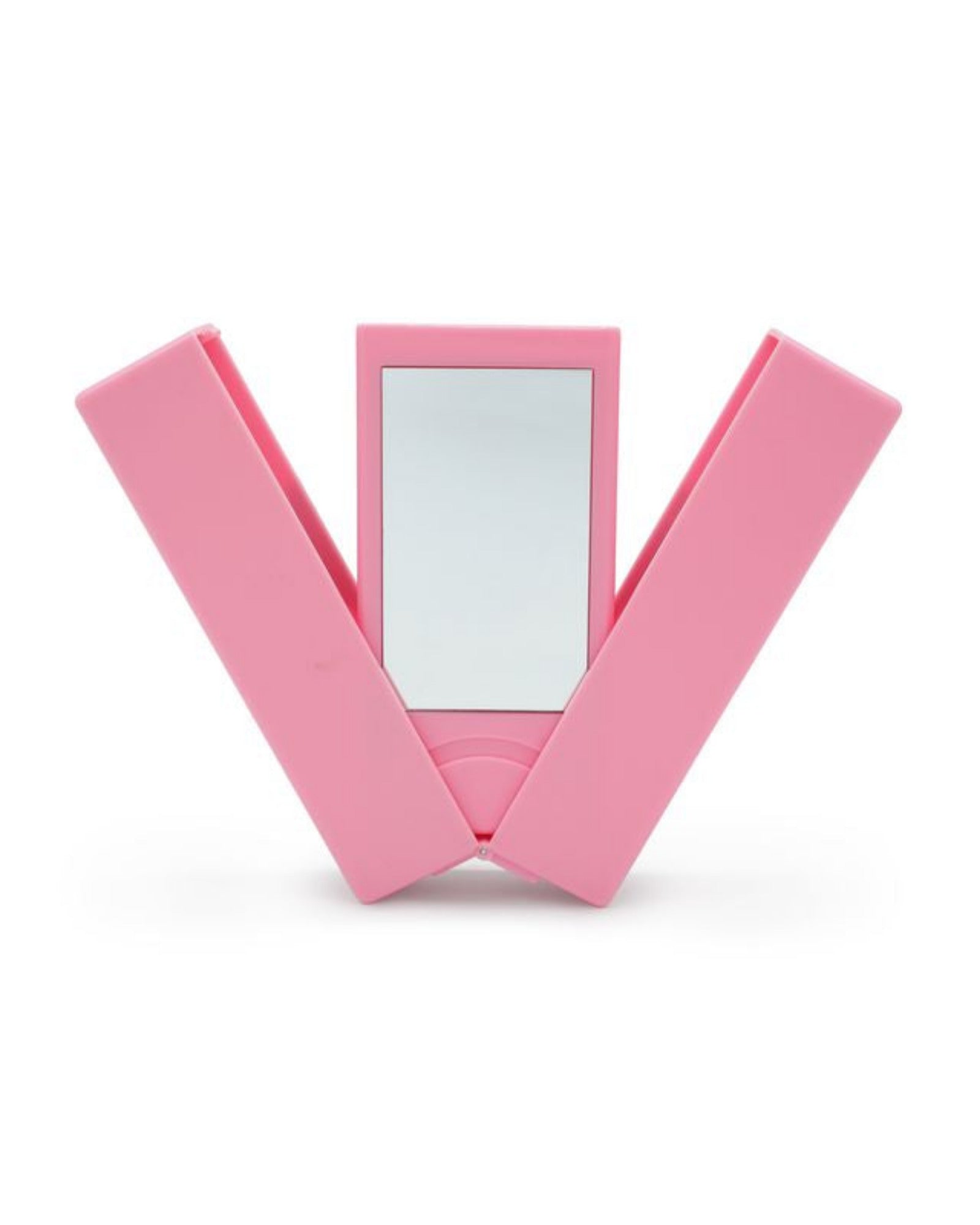 Pink compact mirror with a white background