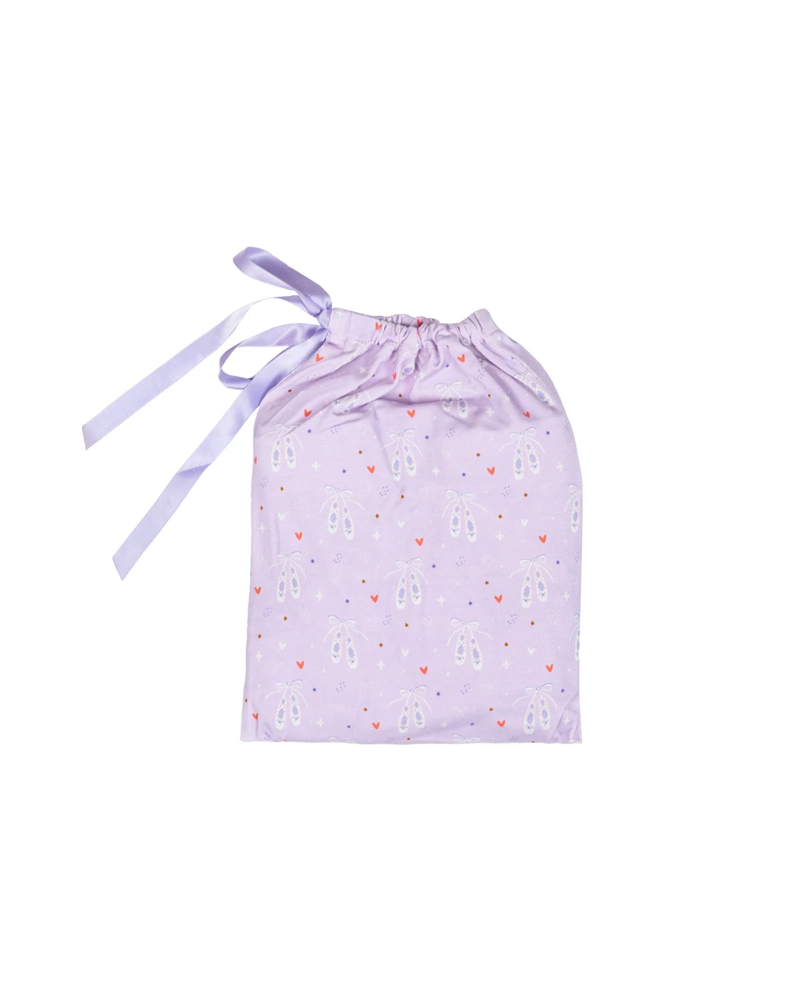 A light purple drawstring pouch with a ballet-themed print of white ballet slippers and small red hearts, finished with a matching purple ribbon tie.