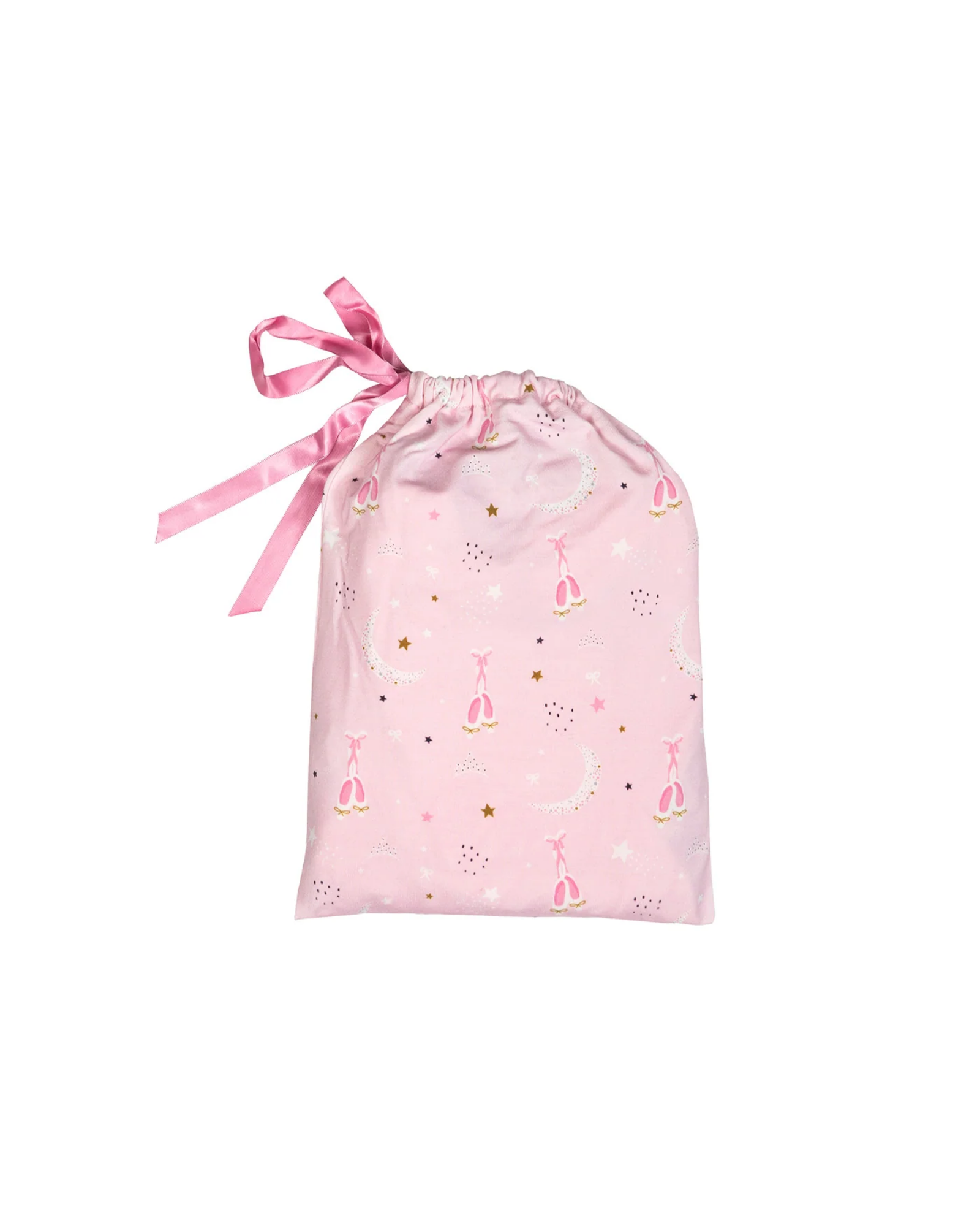 A light pink drawstring gift bag with a satin pink ribbon tied at the top, decorated with a whimsical print of ballerina figures, crescent moons, stars, and small gold dots.