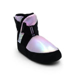 A single black boot with a large iridescent holographic toe cap and matching iridescent heel detail, shown on a plain white background.